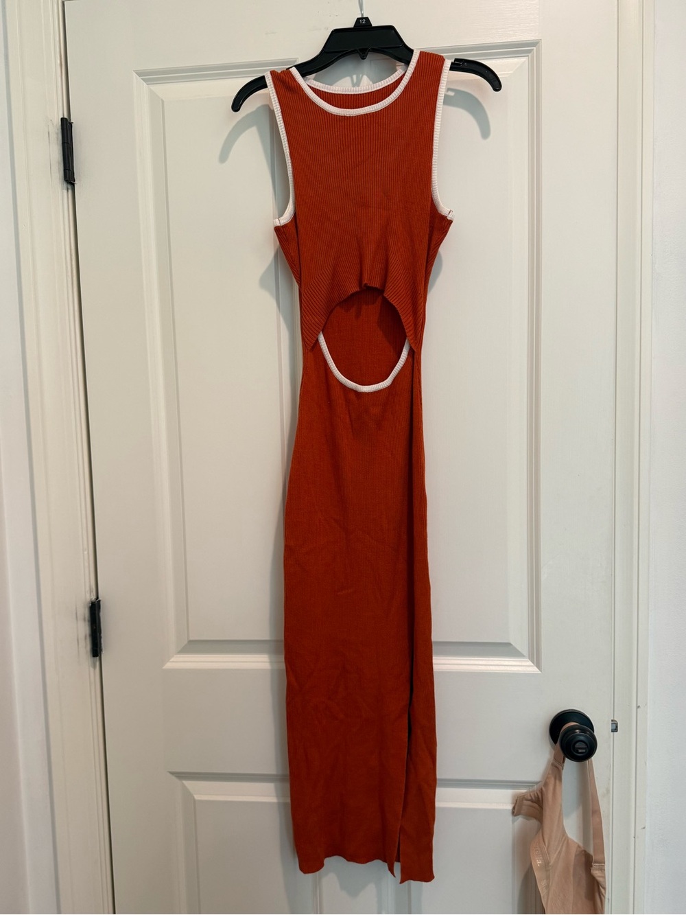 Sleeveless Cutout Maxi Dress in Burnt Orange with White Trim